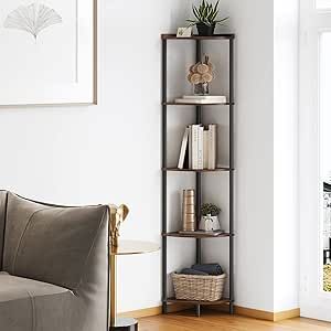 SUNMORY 5 Tier Corner Shelf Stand,Industrial 65" Corner Shelves Display Shelf for Living Room Decor,Wall Corner Bookshelf Multi Unit Organizer,Tall Shelf Plant Stand for Bedroom,Bathroom,Small Space