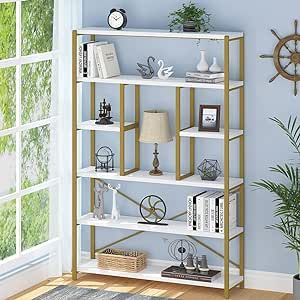 LVB Gold Book Shelf Organizer, Large Tall 6 Tier Bookshelves Storage, Big Modern Metal Wooden 6 Shelf Bookcase, Farmhouse Open Display Vertical Bookshelf for Bedroom Living Room Office, White and Gold