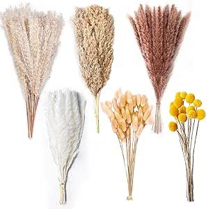 100PCS Natural Dried Pampas Grass Decor - 17.5" Fluffy Pampas Grass Bouquet - Boho Home Decor Dried Flowers for Wedding Floral Room Home Party Table Decorations