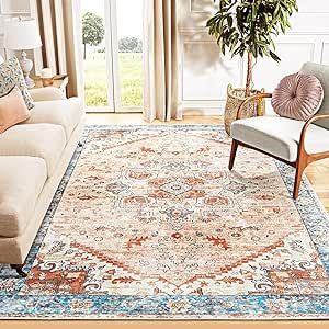 Topllen 8x10 Ultra-Thin Vintage Area Rug - Large Living Room Rug Soft Velvet Rug,Stain Resistant Washable Dining Room Mat Non-Slip Backing for Office Bedroom,Home Decor Rug (Orange/Blue,8'x10')